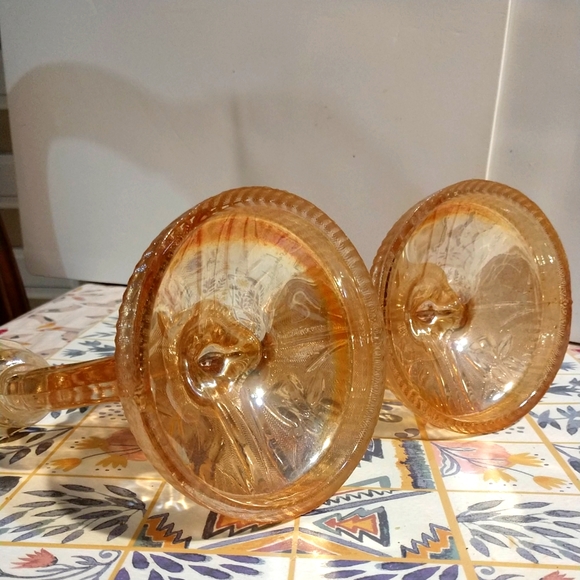 Vtg Depression Carnival Glass Iris Flowers Orange Marigold Candle Holders - Picture 10 of 11